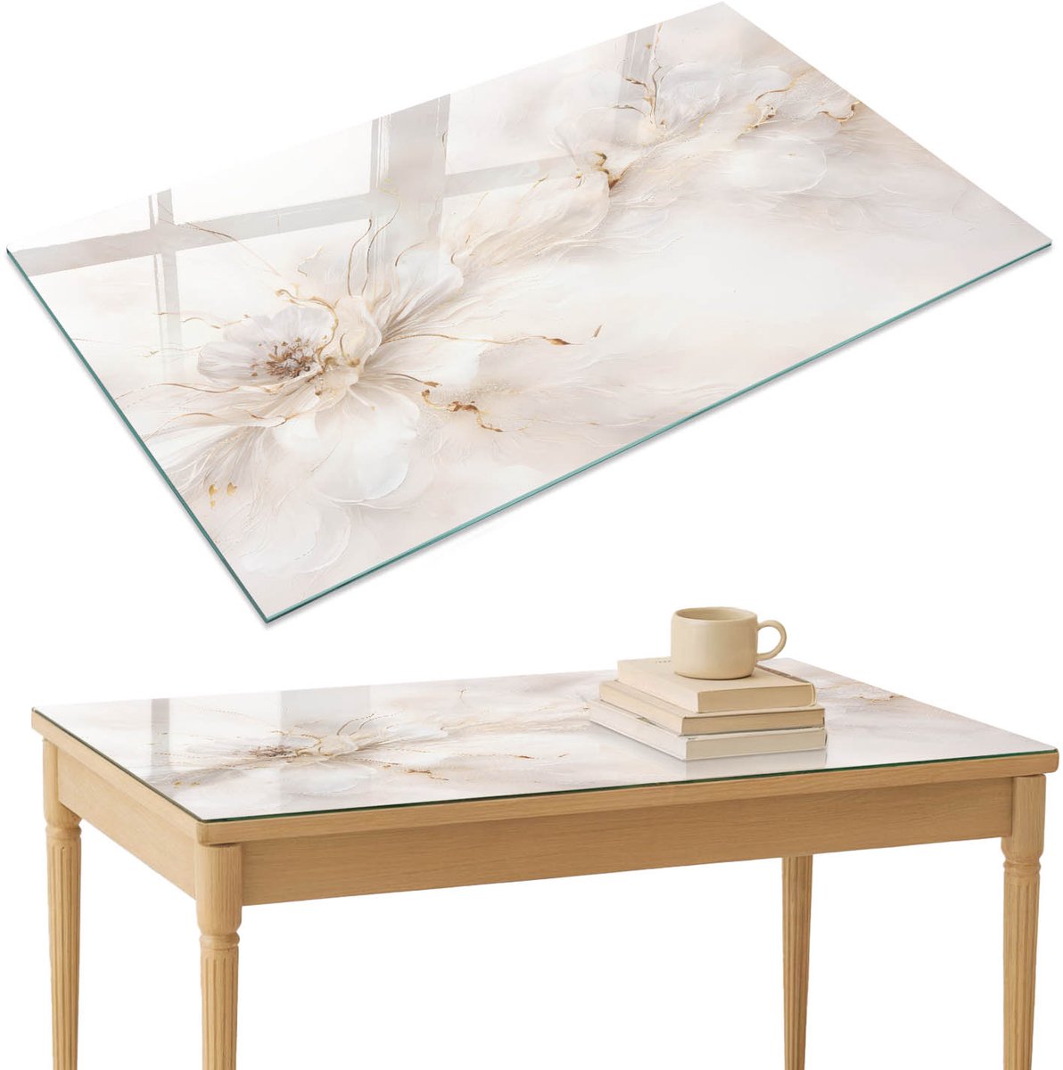 ArtPrintCave Etherische bloemen Glazen Tafelblad 120x80 cm - Tafelblad Rechthoek - Wit Keukentafel - Bloemen en planten Glazen Eettafel