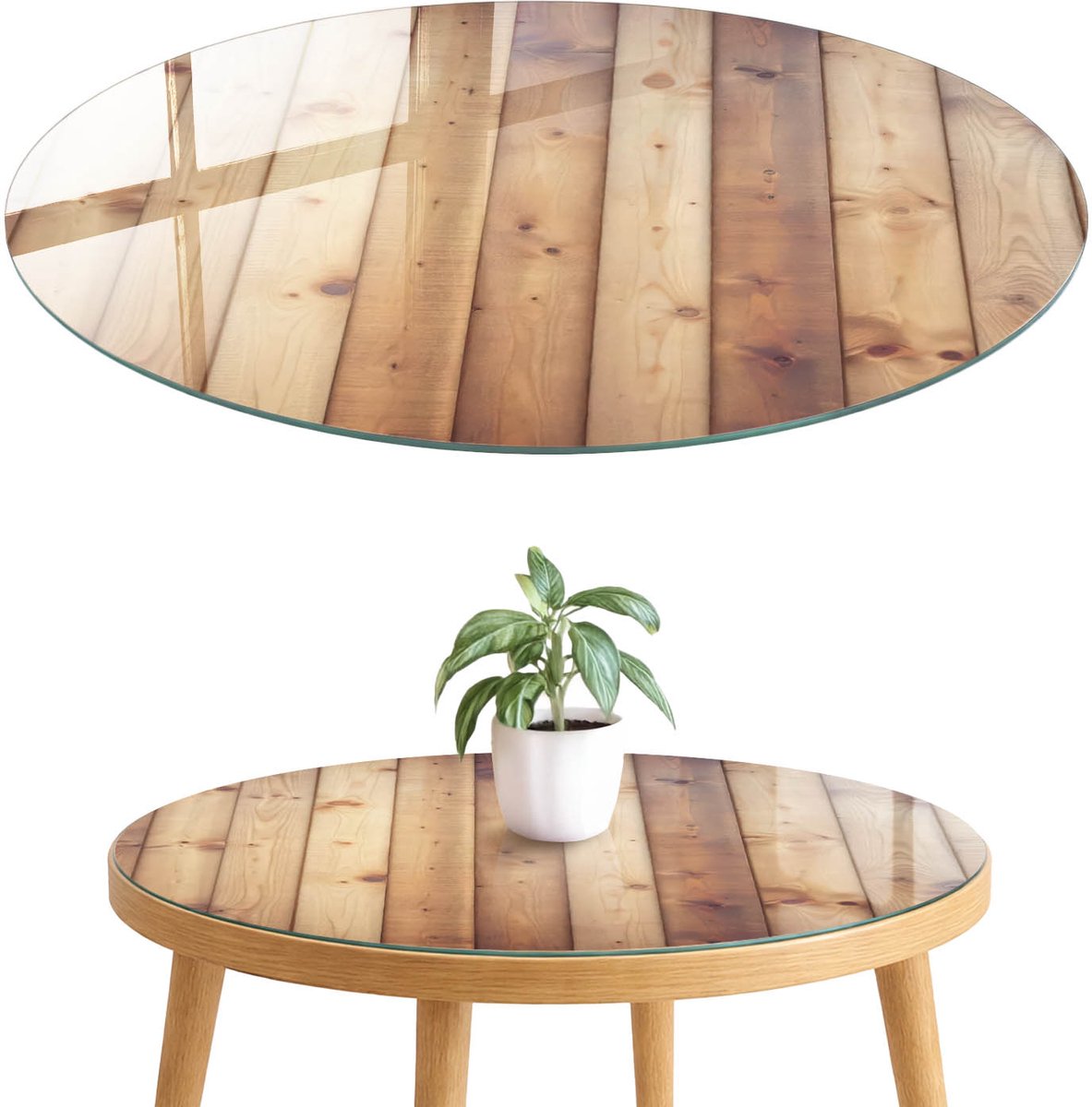 ArtPrintCave Houten planken Glazen Tafelblad fi70 cm - Tafelblad Rond - Bruin Keukentafel - Texturen Terrastafel
