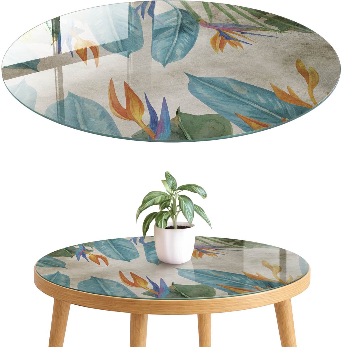 ArtPrintCave Tropische flora Glazen Tafelblad fi70 cm - Tafelblad Rond - Blauw Bureaublad - Bloemen en planten Keukentafel