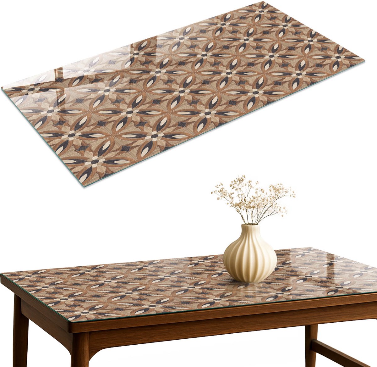 ArtPrintCave Geometrische mozaïek Glazen Tafelblad 120x60 cm - Tafelblad Rechthoek - Bruin Eettafel Met Glasplaat - Achtergronden en patronen Keukentafel