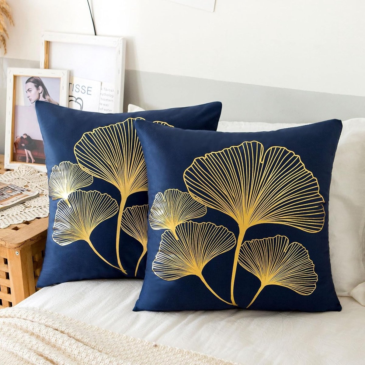 Decoratieve Kussenhoezen met Gouden Ginkgo Biloba Bladeren, 45 x 45 cm, Velvet Set van 2 voor Woonkamer en Bank, Luxe Home Decoratie