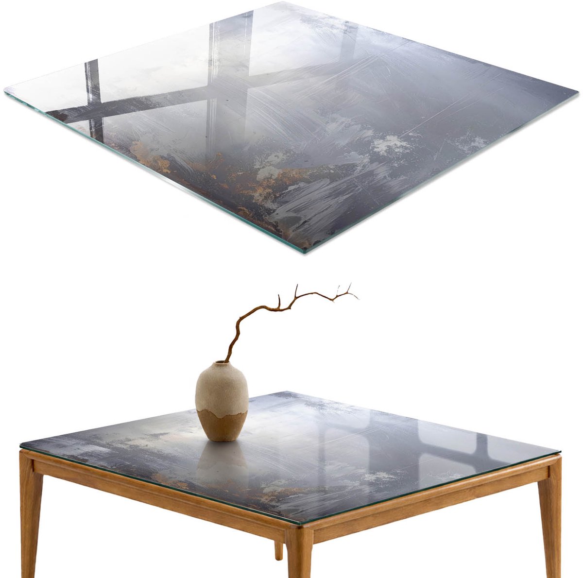ArtPrintCave Subtiel landschap Glazen Tafelblad - 50x50 cm - Tafelblad Vierkanten - Grijs Tafelblad Glas - Abstractie Eettafel Met Glasplaat