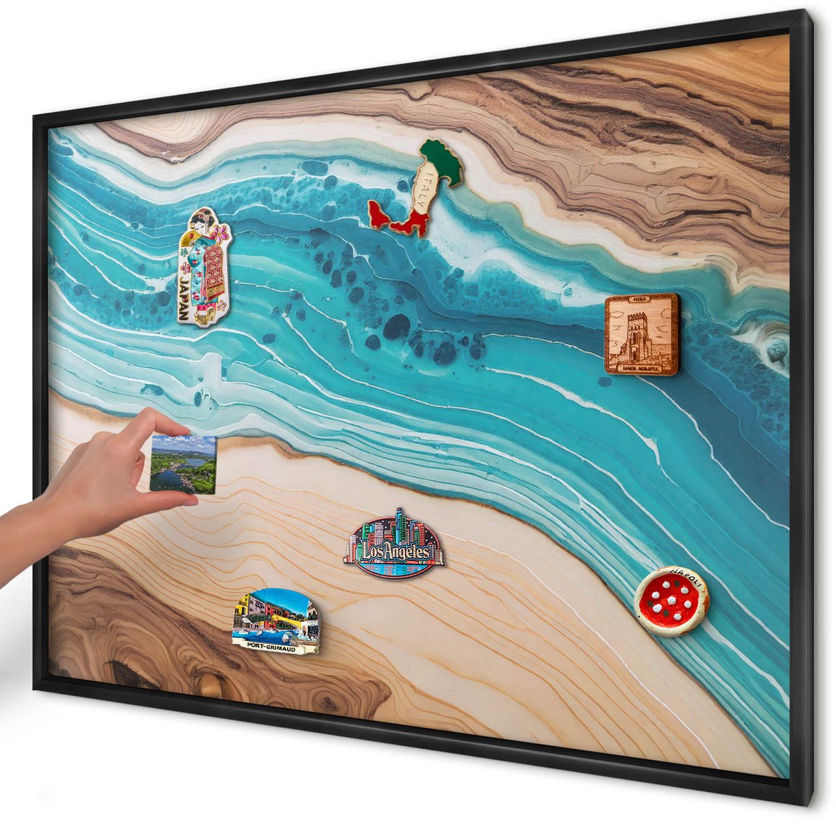 Artprintcave Turkoois Magneetbord mit Zwart Frame - 100x70 cm - Aardlagen Bord Voor Magneten - Abstract Magneet Bord mit Frame - Abstractie
