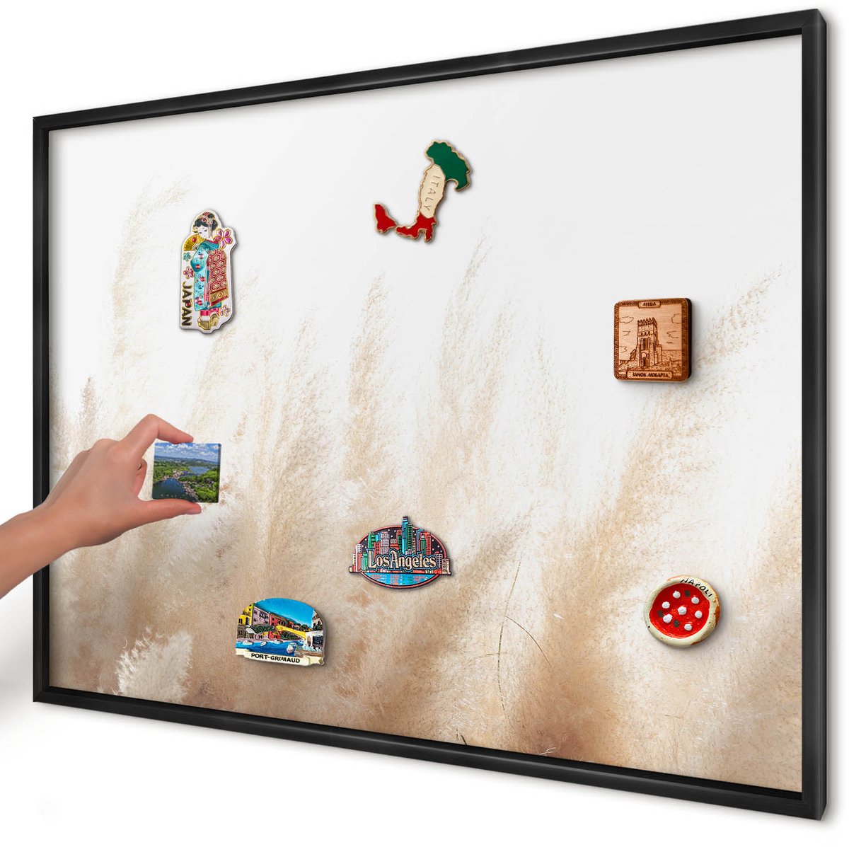 Artprintcave Beige Magneetbord mit Zwart Frame - 100x70 cm - Essentiële Grassen Magnetisch Bord - Minimalist Wandbord Magnetisch - Bloemen En Planten