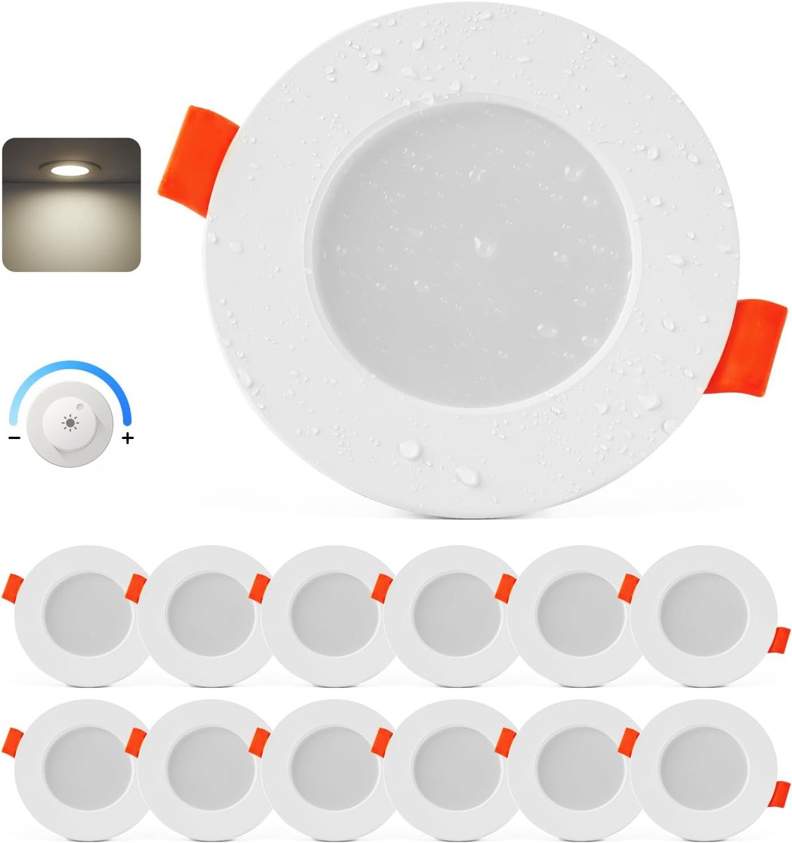 dimbaar, set van 12 badkamerspots, IP44, 4000 K, neutraal wit, 4 W, plafondspots, gat 65 - 80 mm, inbouwspots, extra vlak, voor keuken, woonkamer, slaapkamer
