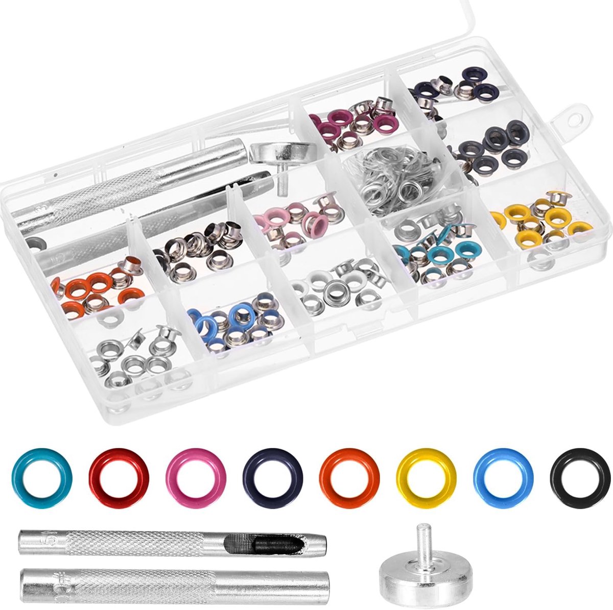 oogjestangset Oogjes en perforator Kleurrijke grommetset 5MM grommets Oogjes voor stof Oogjestang met pakking en gereedschap voor stof leer kleding DIY-ambachten 120 stuks
