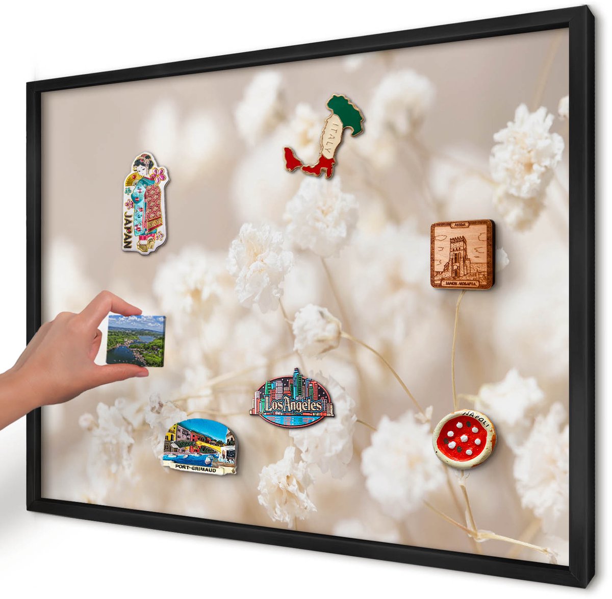 Artprintcave Beige Magneetbord mit Zwart Frame - 70x50 cm - Beige Bloemen Magnetisch Bord Voor Magneten - Minimalist Notitiebord - Bloemen En Planten