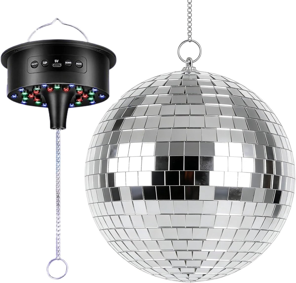 Discobol met motor en licht, 20 cm spiegelbal met 30 led-kralen 6