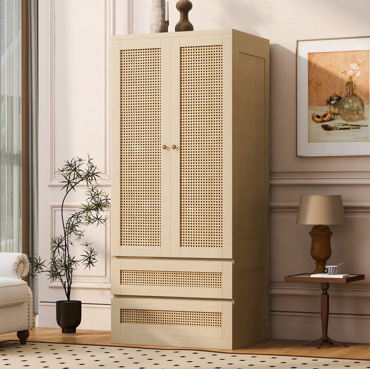 MIVRAY Kledingkast - Dubbeldeur Design Met Rattanlook En 2 Schuifladen - Voor Slaapkamer En Kleedkamer - Houtkleur - 70 X 55 X 170 Cm