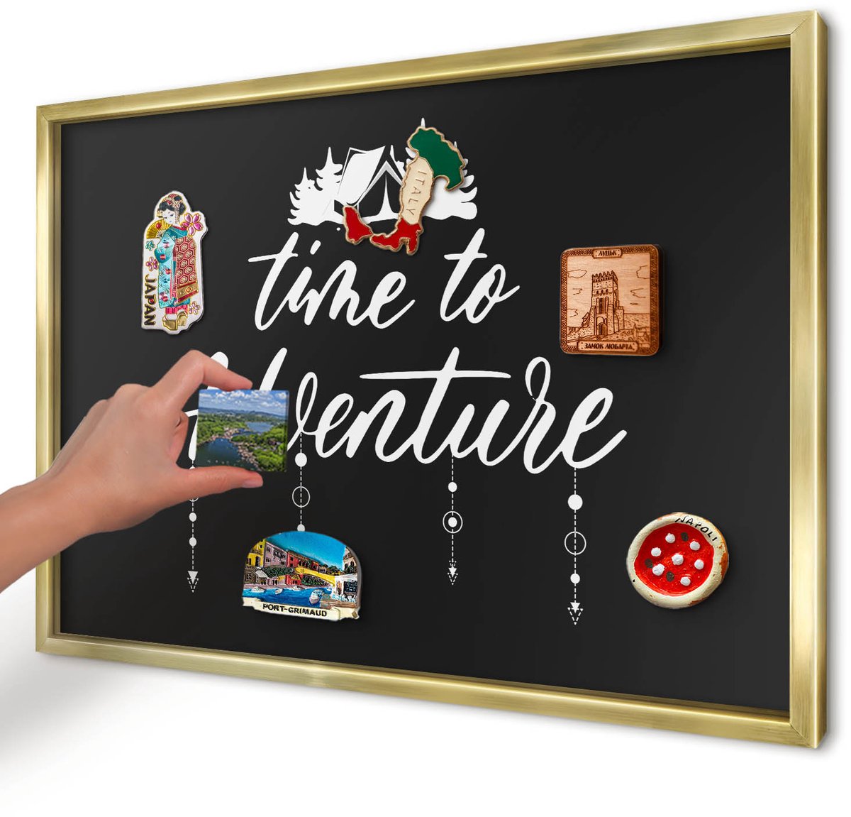 Artprintcave Zwart Magneetbord mit Gouden Frame - 60x40 cm - Avontuur Wacht. Magnetische Organizer - Modern Bord Voor Magneten - Teksten
