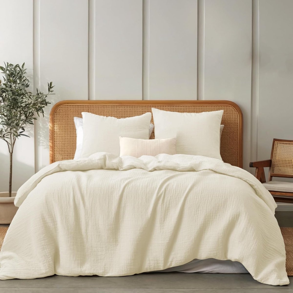 - Dekbedovertrek van katoengaas 155x220 cm, Crème, met 2 kussenslopen 80x80 cm, bedset 155x220 Zacht en ademend katoen - Oeko-Tex gecertificeerd beddengoed