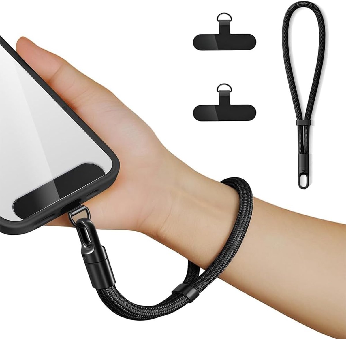 Korte telefoonketting, universeel, multifunctionele telefoonketting, polsband, mobiele telefoon met 2 stuks ultradunne patches, anti-verlies, verstelbare telefoonband, kort verstelbaar