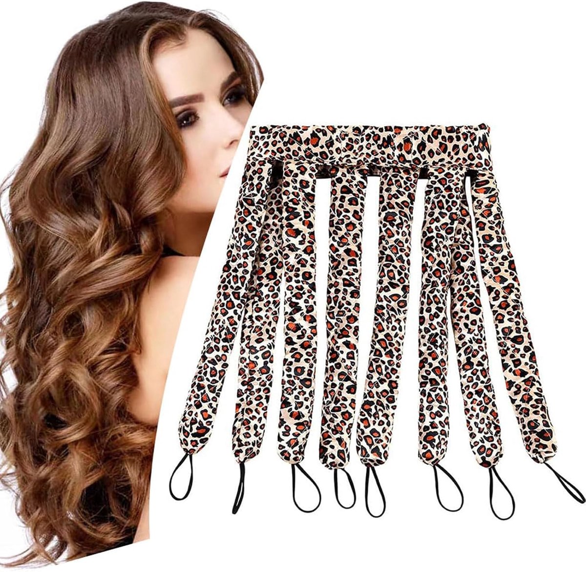 Heat Hair Krulband voor lang haar, satijnen hittevrije krulstaaf met verstelbare band voor 's nachts, No Heat Curling Roller voor vrouwen en meisjes golven en krullen (Luipaardkleur)