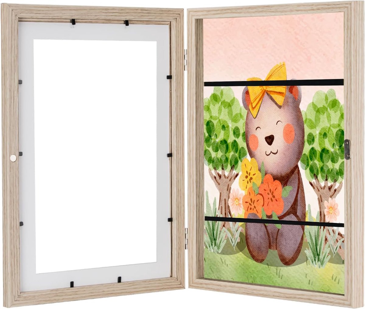fotolijst, kindertekeningen, kinderkunstfotolijst om te openen, A4 scharnierende fotolijst aan de voorkant, kinderfoto's, invulbare wissellijst voor kunst (1 stuk, hout)