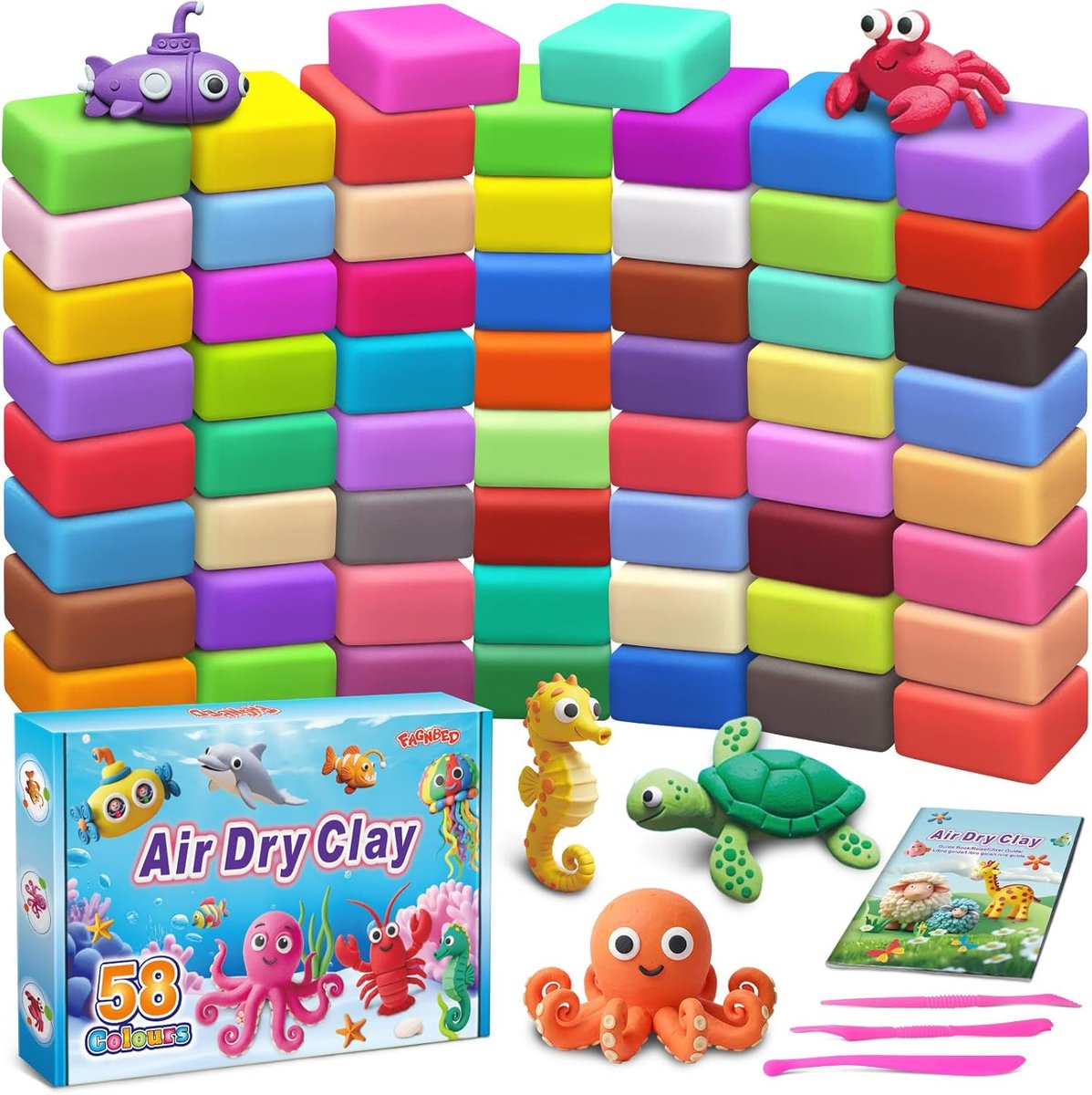 58 Kleuren air dry clay, boetseerklei magische klei voor kinderen | met 3 gereedschappen, voor kinderen en beginners