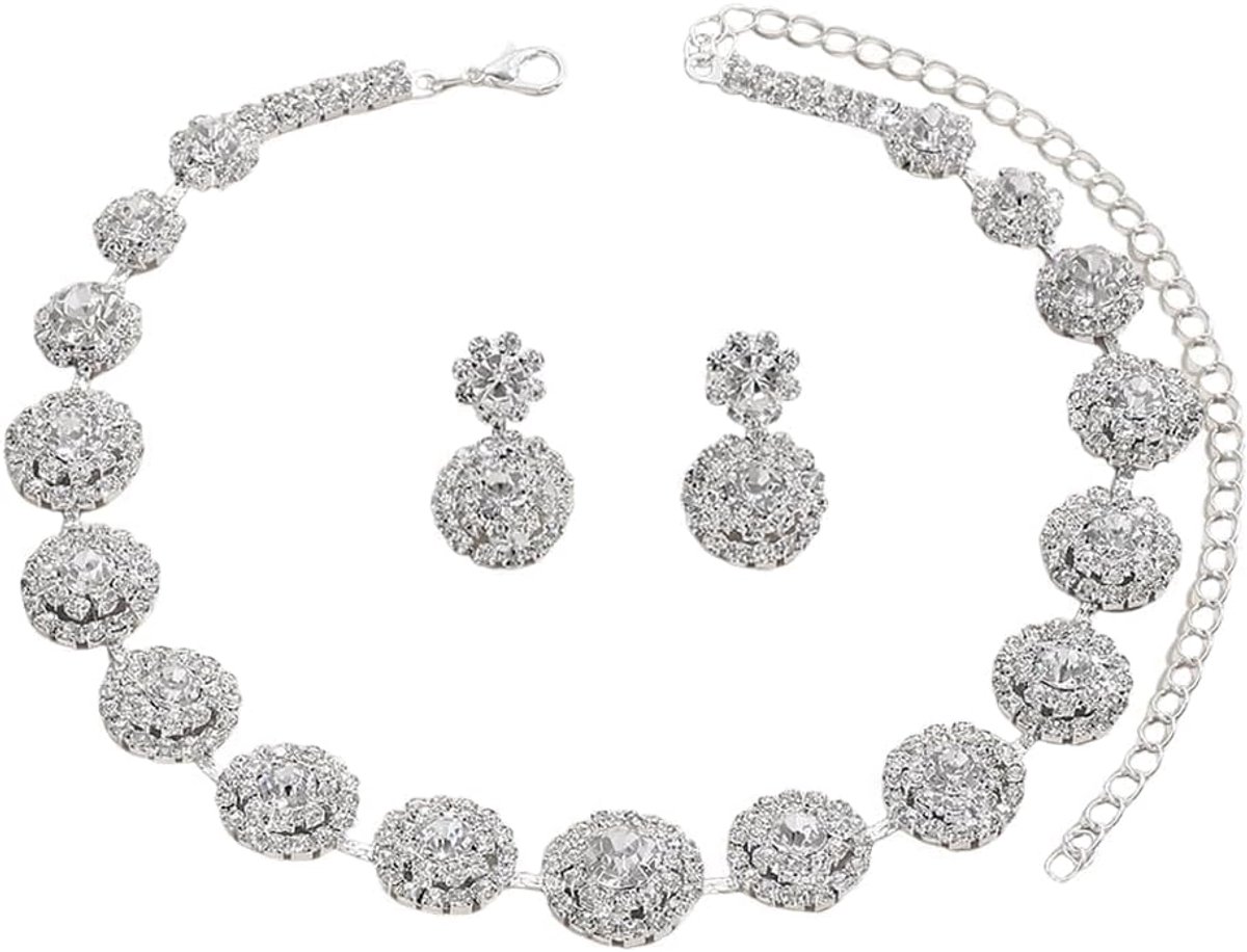 Sieradenset voor dames, strass, halsketting en oorbellen, set bruiloftssieraden, sieradenset voor bruid, verloving, bruid, strassteentjes, verjaardag, jubileum