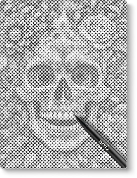 Peinture de points d'un crâne entouré de fleurs, réalisée avec des points noirs. Un stylo est utilisé pour appliquer les points.