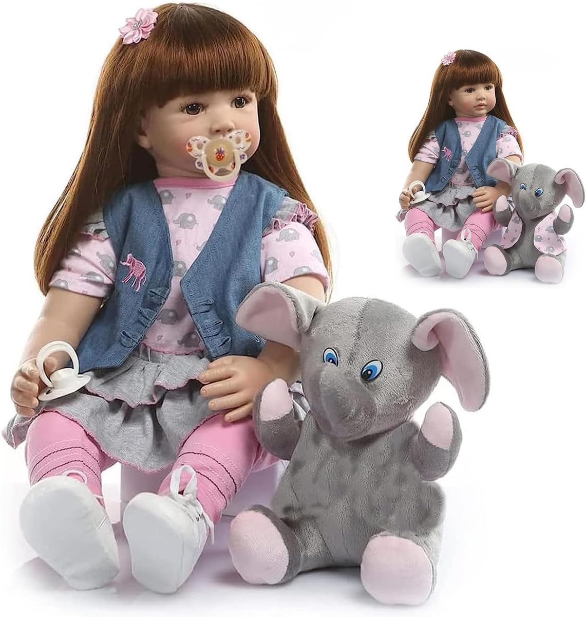 Realistische 55cm Pluche Olifant Pop met Bruin Haar en Kleding in Roze en Blauw, Lifelike Baby Pop voor Meisjes, Knuffelbare Silicone Baby Pop, Herboren Baby Pop