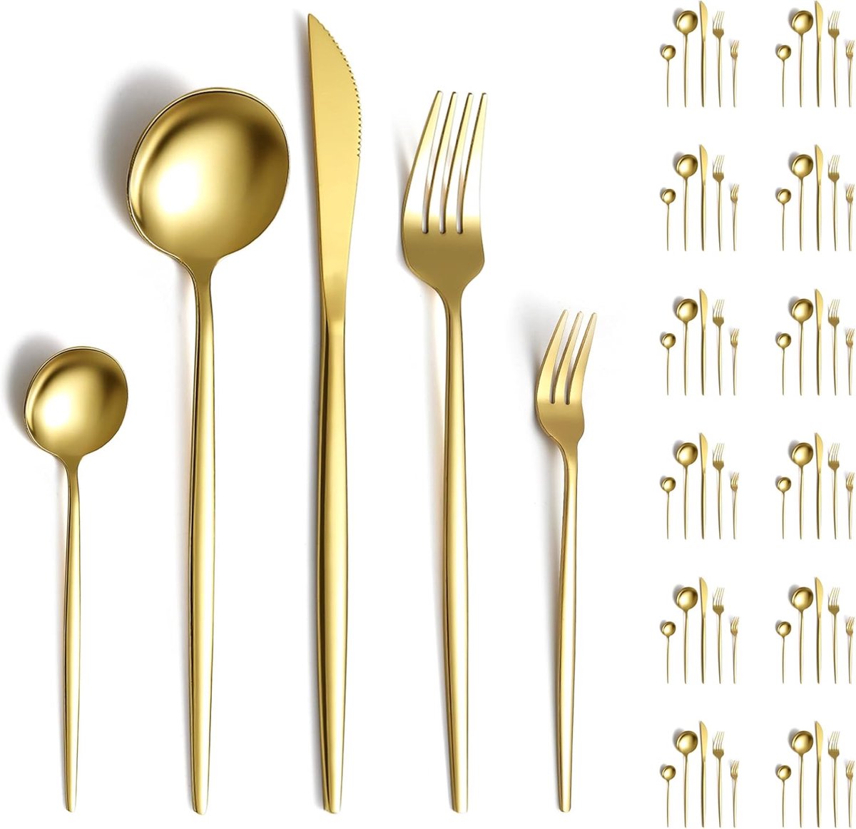 Gold Bestek Set 60-Delig Voor 12 Personen - Titanium Verguld Roestvrij Staal - Messen, Vorken, Lepels Voor Bruiloft, Partijen, Verjaardag, Restaurant - Vaatwasmachinebestendig