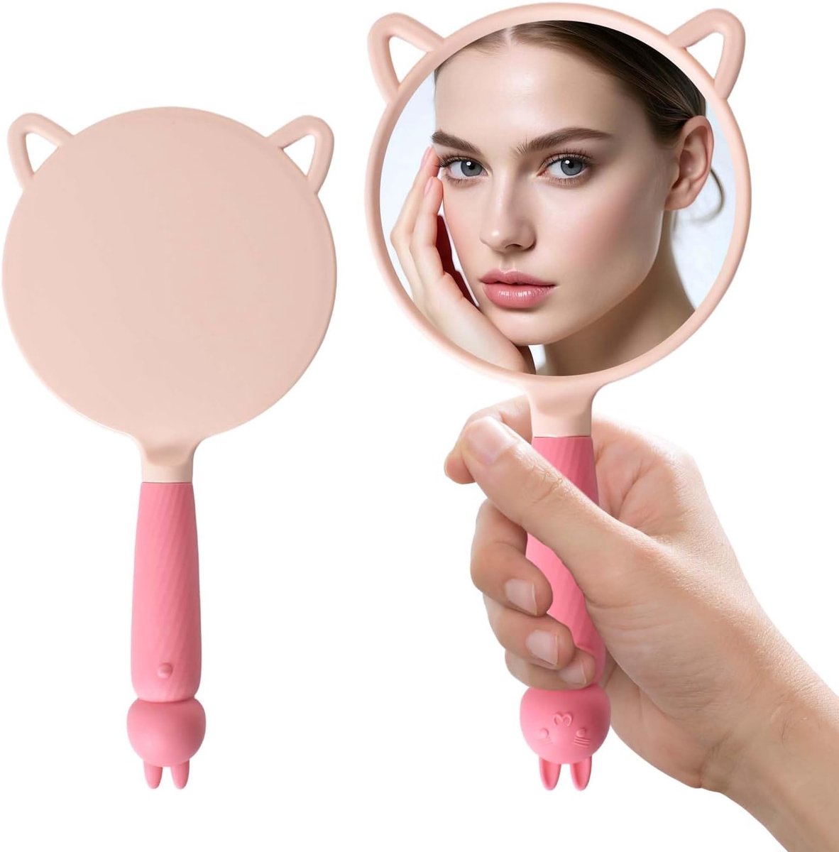 Handspiegel met greep, ronde make-upspiegel, draagbare cosmeticaspiegel, kappersscheerspiegel, kleine handspiegel kappersspiegel voor draagbaar gebruik thuis en op reis (Roze)
