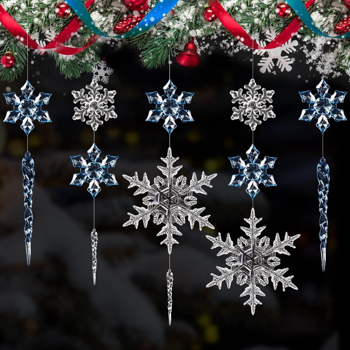 Kerstboomdecoratie sneeuwvlokken 25 stuks - transparant blauw - icicles en sneeuwvlokken - feestelijke versiering - SnelShoppen