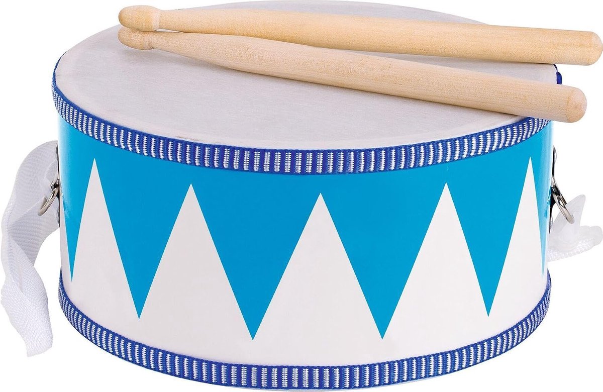 61898 trommel van hout, blauw/wit
