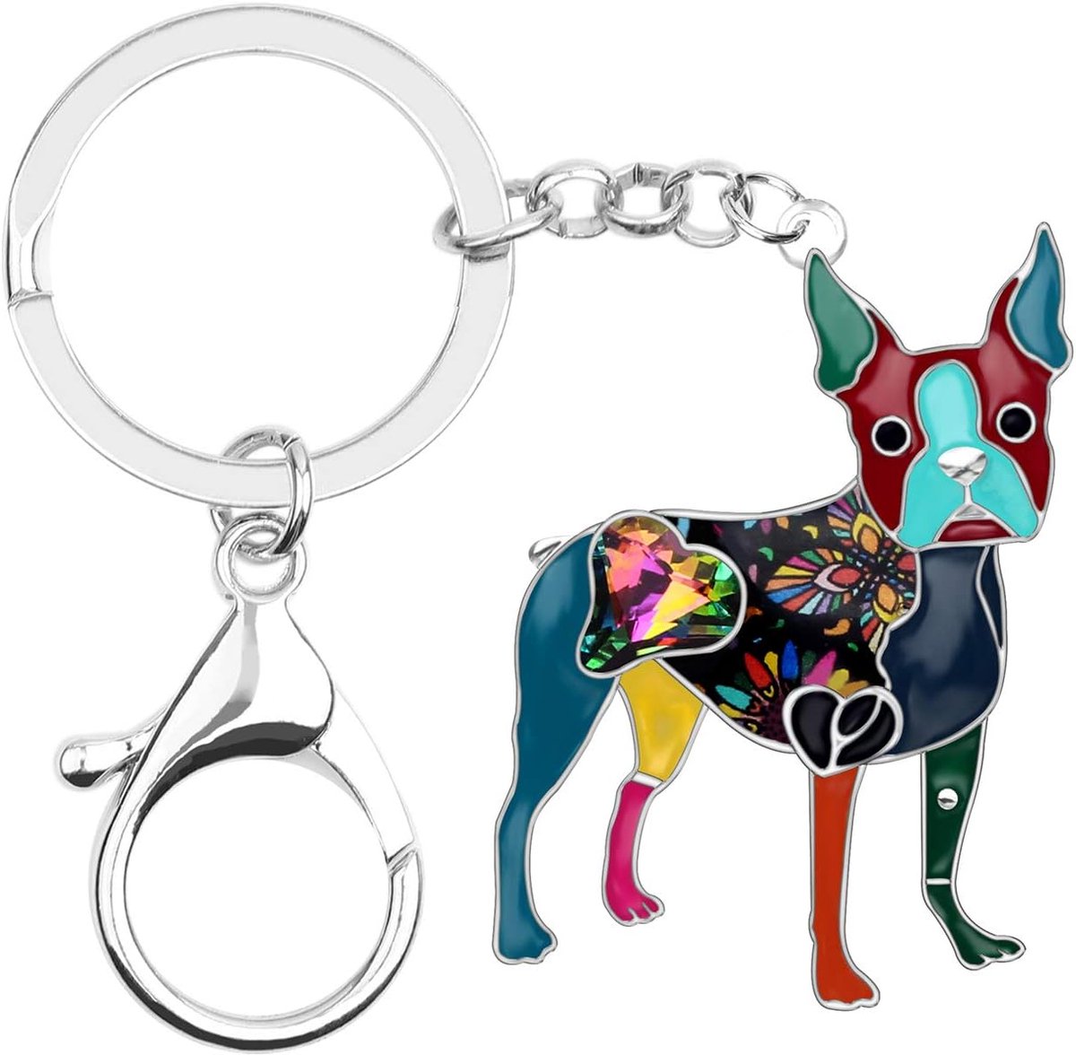 Emaille Metalen Hart Strass Boston Terrier Hond Sleutelhangers Voor Vrouwen Kids Auto Purse tas Ringen Charms Huisdieren Gift
