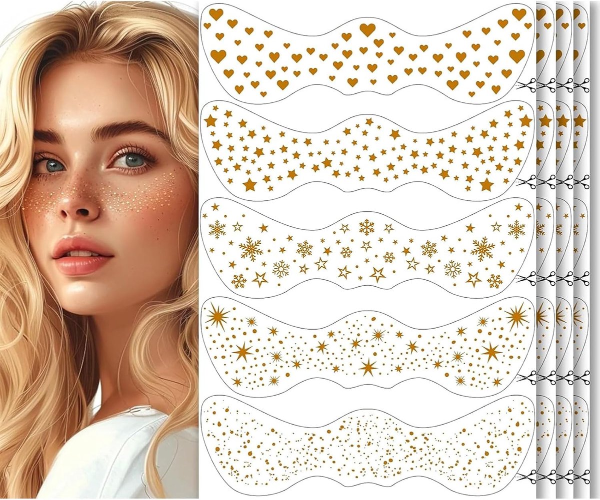 20 stuks glitter-sproeten gezichtstattoo's, 5 verschillende stijlen, waterbestendige tijdelijke glitter-sproeten gezichtstattoo's voor kerst, concerten en glittermake-up