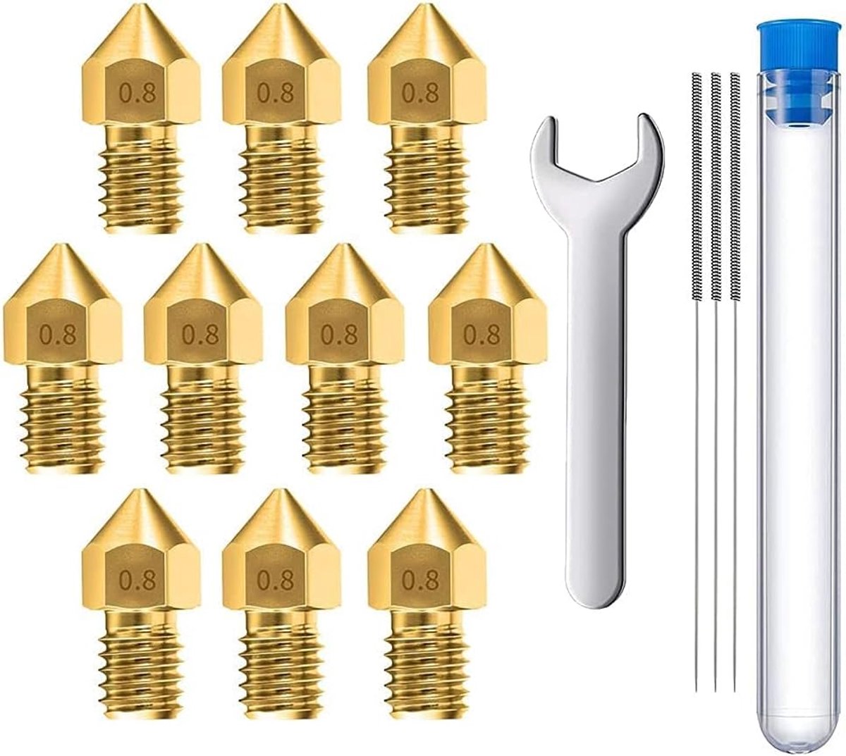 10 stuks 0.8mm Messing MK8 3D Printer Nozzles Extruder geschikt voor Creality Ender 3 Series, Ender 5 Series, CR-10/10S, Makerbot, Anet A8 Incl. 3 reinigingsnaalden
