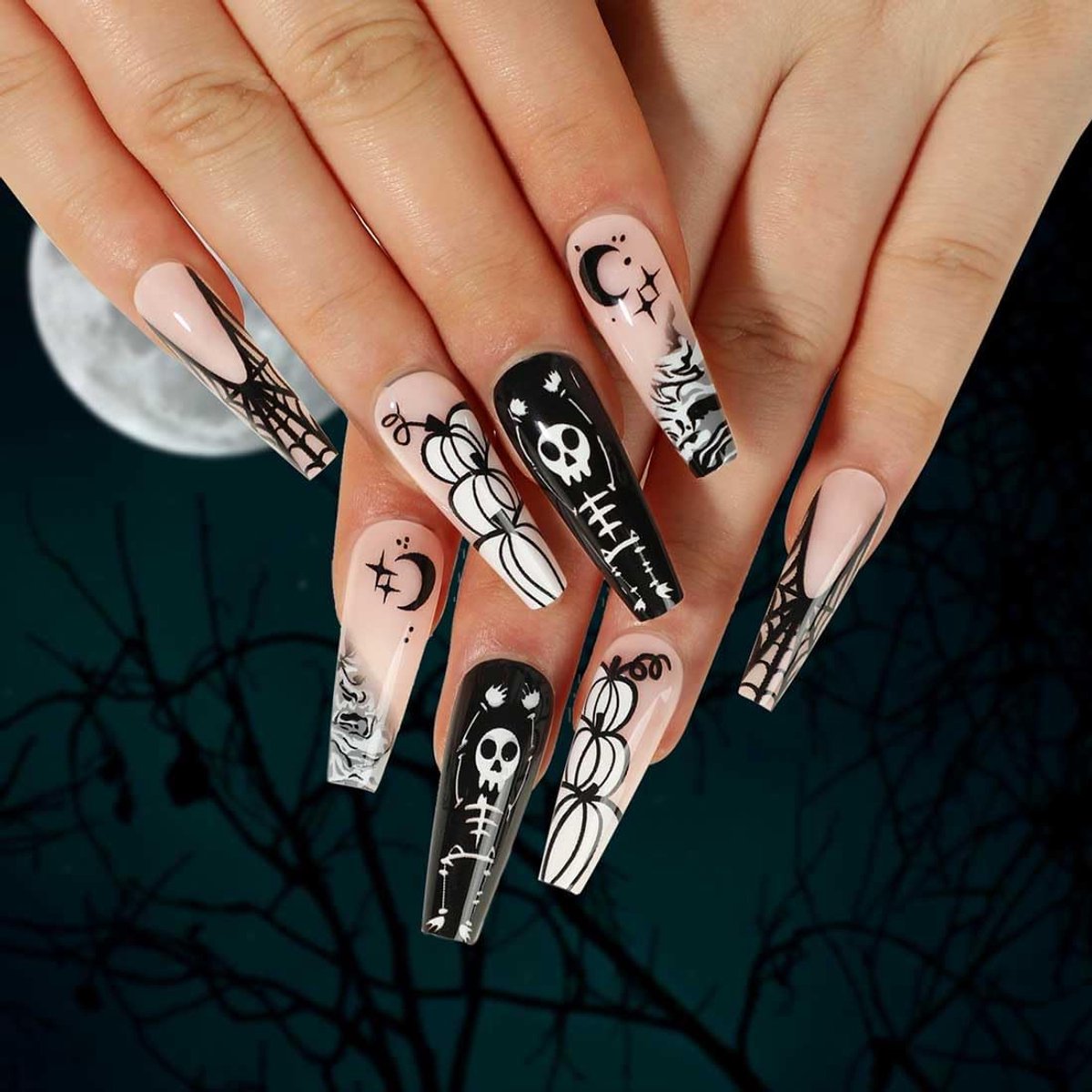 24 stuks lange doodskist zwart Halloween menselijk skelet nepnagels druk op nagels pompoen spin valse nagel stok op nagels voor vrouwen en meisjes