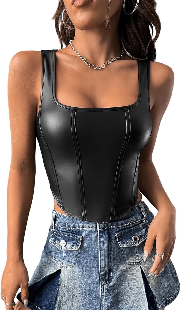 Lederen tanktop voor dames, Y2k crop top met hoekige hals, pu-leer, buikvrij bovendeel, sexy leer, clubwear