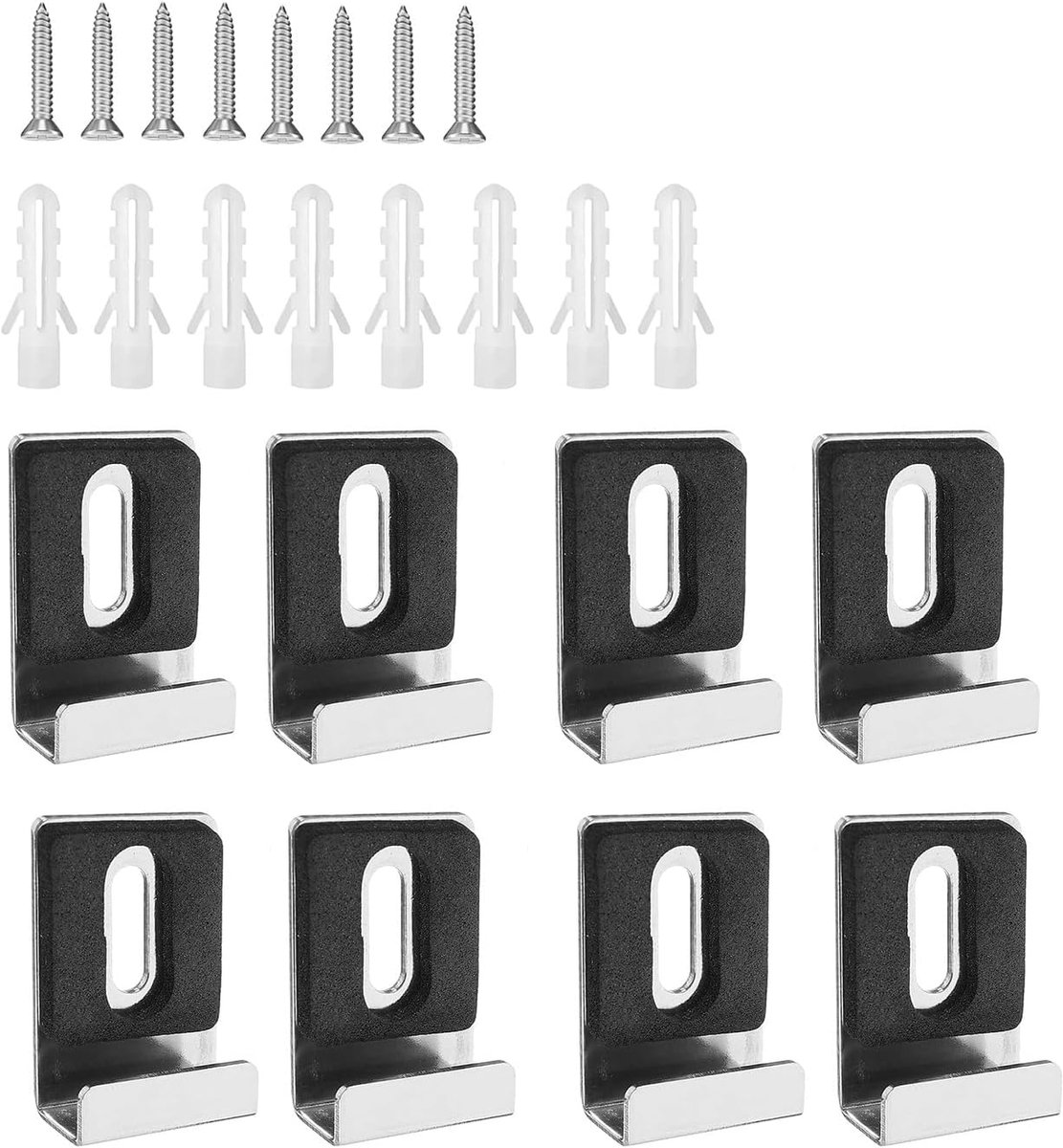8 stuks zilveren spiegelhouders, roestvrij staal, U-vormige spiegelbevestigingen, spiegelclips met schroeven en expansiebuizen voor fotolijsten, spiegels, affichewanden