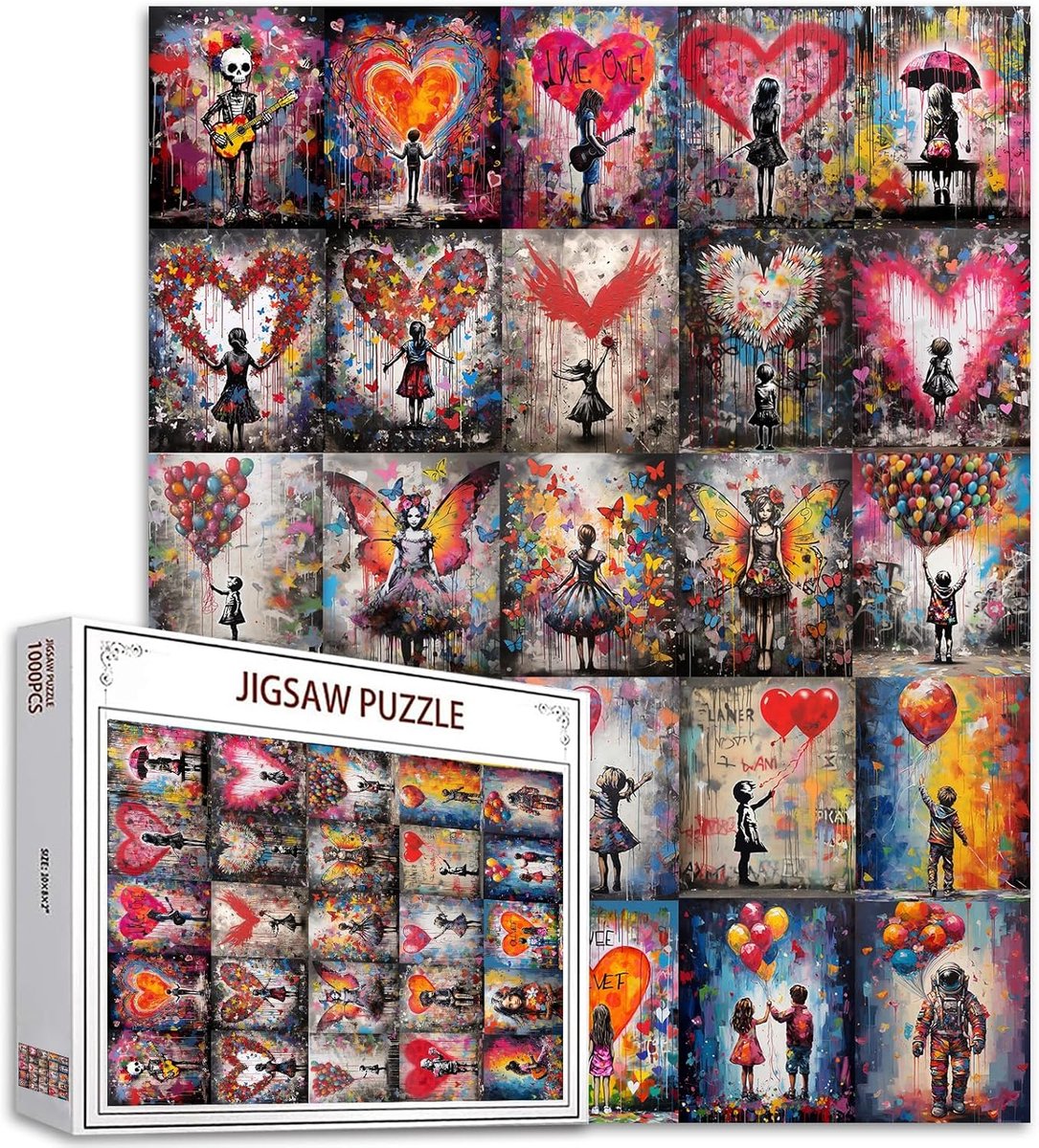 Girl Street Pop Art Jigsaw Puzzel 1000 Stukjes Puzzels voor Volwassenen Kleurrijke Ballon Legpuzzels voor Uitdagende Gezinsactiviteit Spelletjes DIY Puzzel voor Thuis Wanddecoratie Geschenken