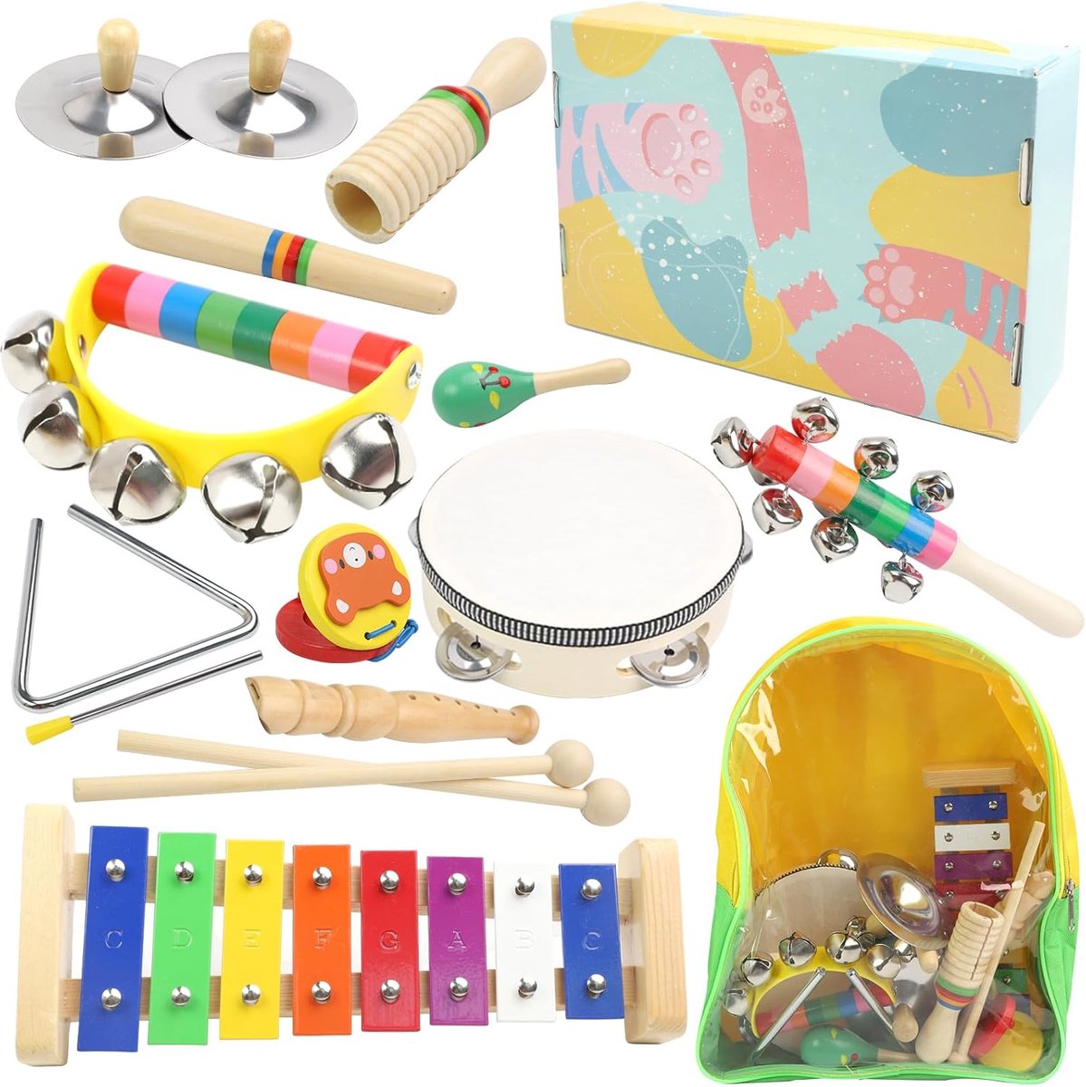 SnelShoppen - Houten Muzikale Instrumenten voor Kinderen vanaf 1 Jaar, Montessori Speelgoed, Regenboog Baby Muziekinstrumenten met Transparante Opberg
