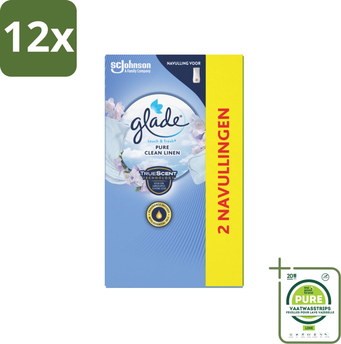 Glade - Touch & Fresh Navulling - Pure Clean Linen - 2 × 10 ml - Voordeelverpakking - 12 stuks - Geur - Luchtverfrisser