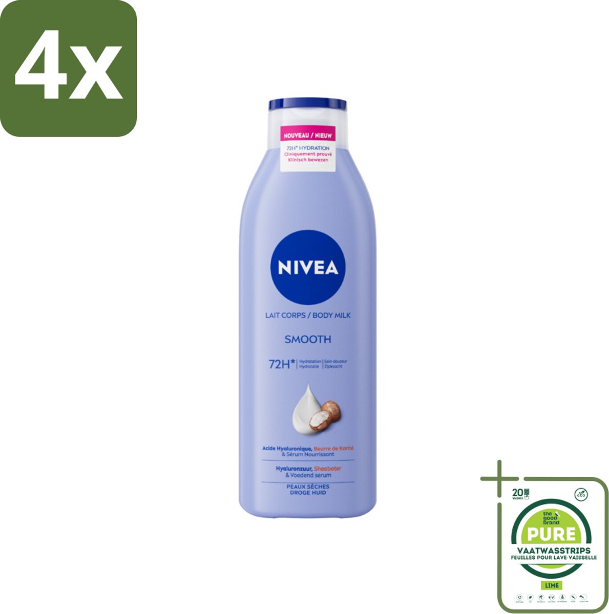 Nivea - Smooth Body Milk - Sheaboter - 72 uur Hydratatie - Voor Droge Huid - 250 ml - Voordeelverpakking - 4 stuks - Nivea bodylotion - Bodymelk droge huid
