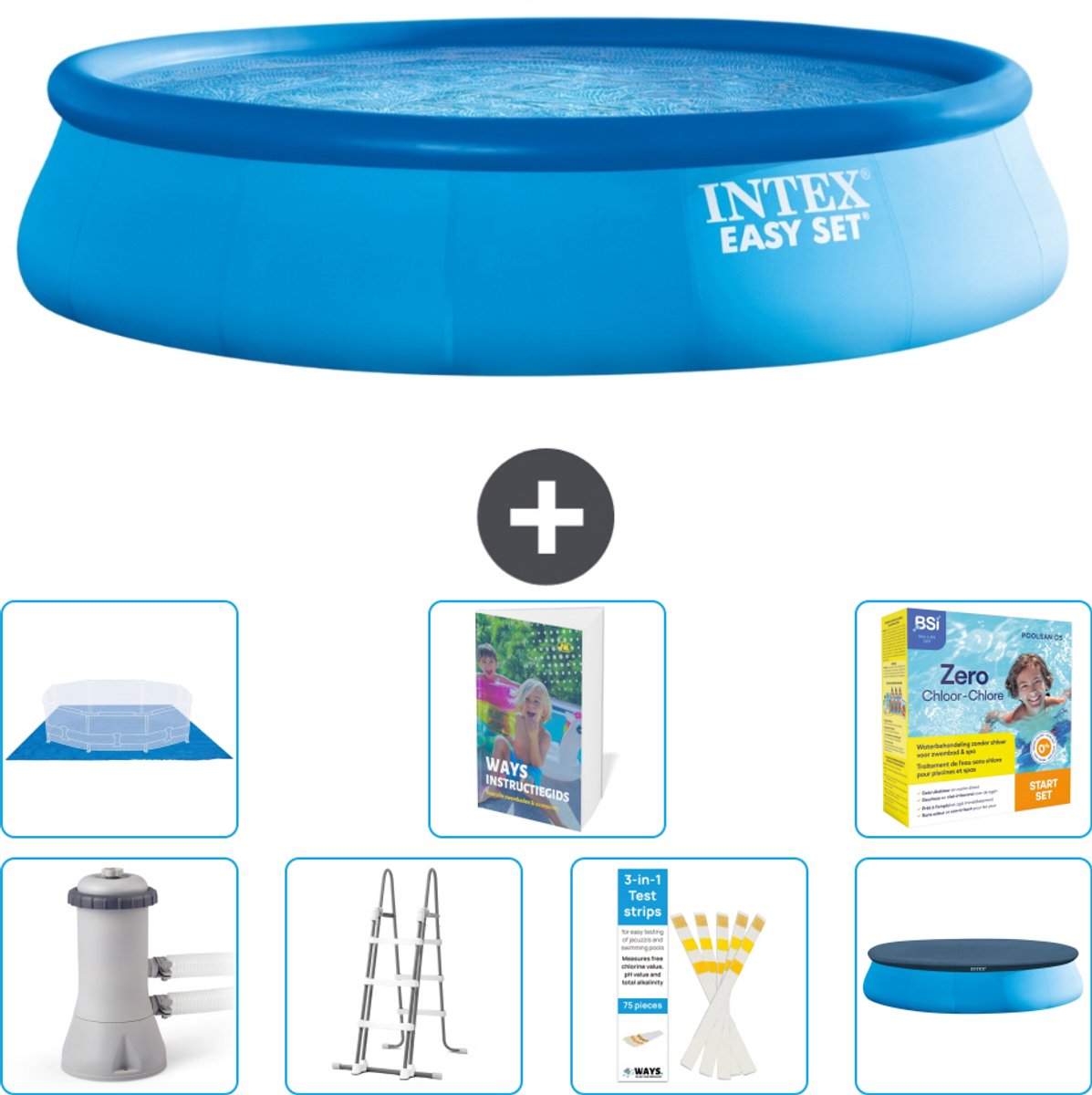 Intex Rond Opblaasbaar Easy Set Zwembad - 457 x 107 cm - Blauw - Inclusief Pomp - Ladder - Grondzeil - Afdekzeil - Onderhoudspakket - 8-delig