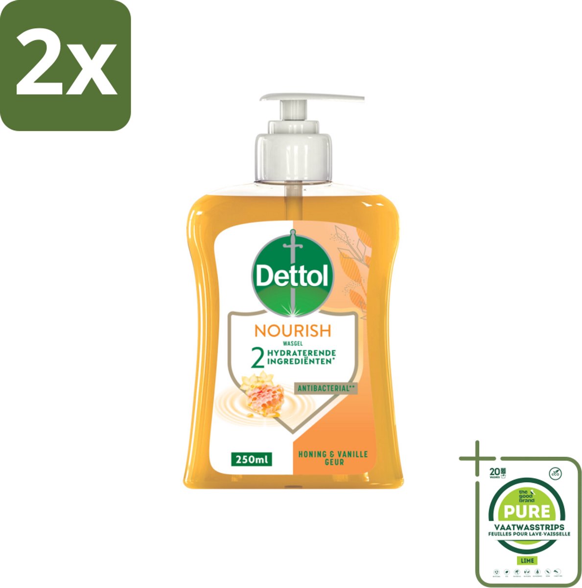 Dettol - Handzeep - Nourish - Honing & Vanille - 250 ml - Voordeelverpakking - 2 stuks - Antibacteriële handzeep - Handzeep met honing