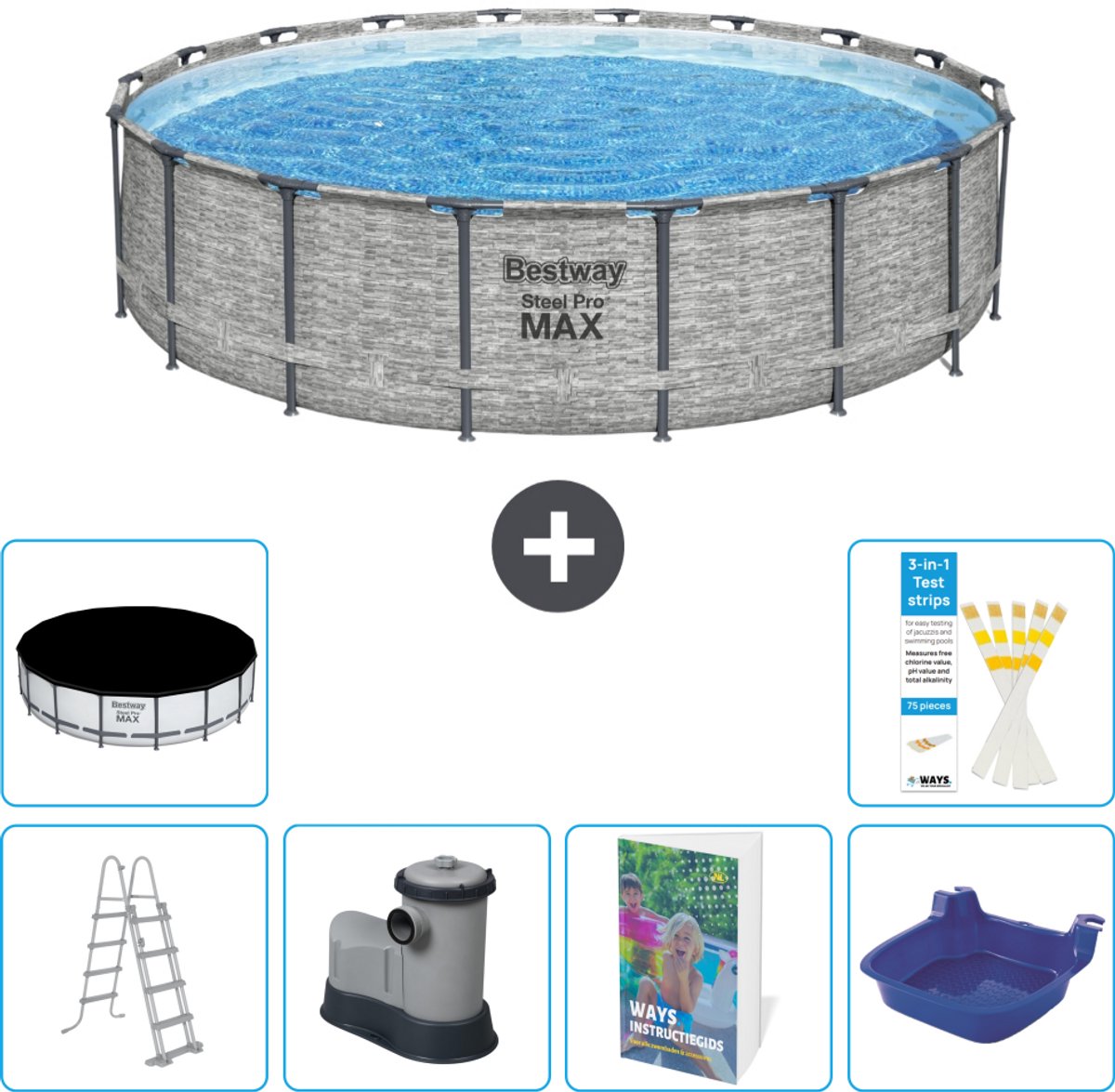 Bestway Rond Steel Pro MAX Zwembad - Steenprint - 549 x 122 - Inclusief Pomp - Ladder - Afdekzeil - Voetenbad - 7-delig