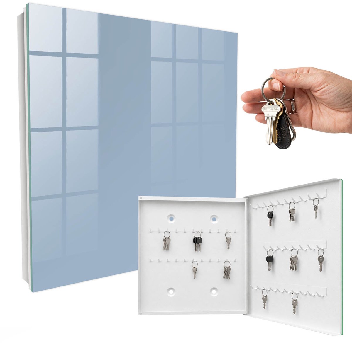 WallMuralia - Sleutelkast - 30x30x5 cm - met 50 haken - Pastelblauw Sleutelkastje Binnen - Blauw Sleutelbox - Rechtsopenend - Wit interieur