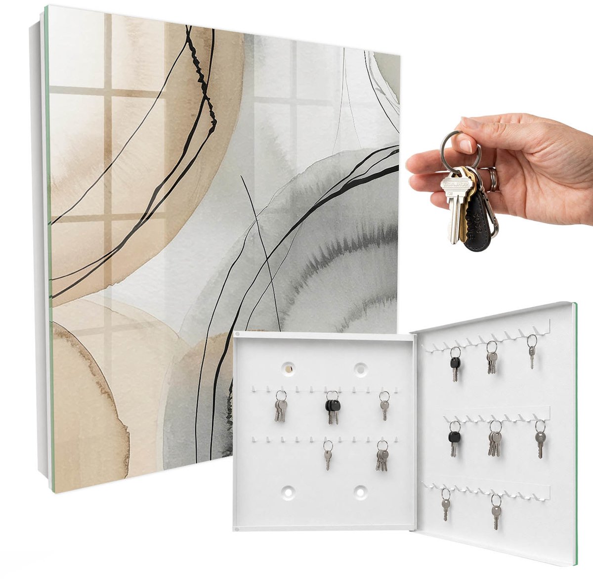 WallMuralia - Sleutelkast - 30x30x5 cm - met 50 haken - Rustgevende Elegantie Sleutelkastje Binnen - Beige Sleutelbox - Rechtsopenend - Wit interieur