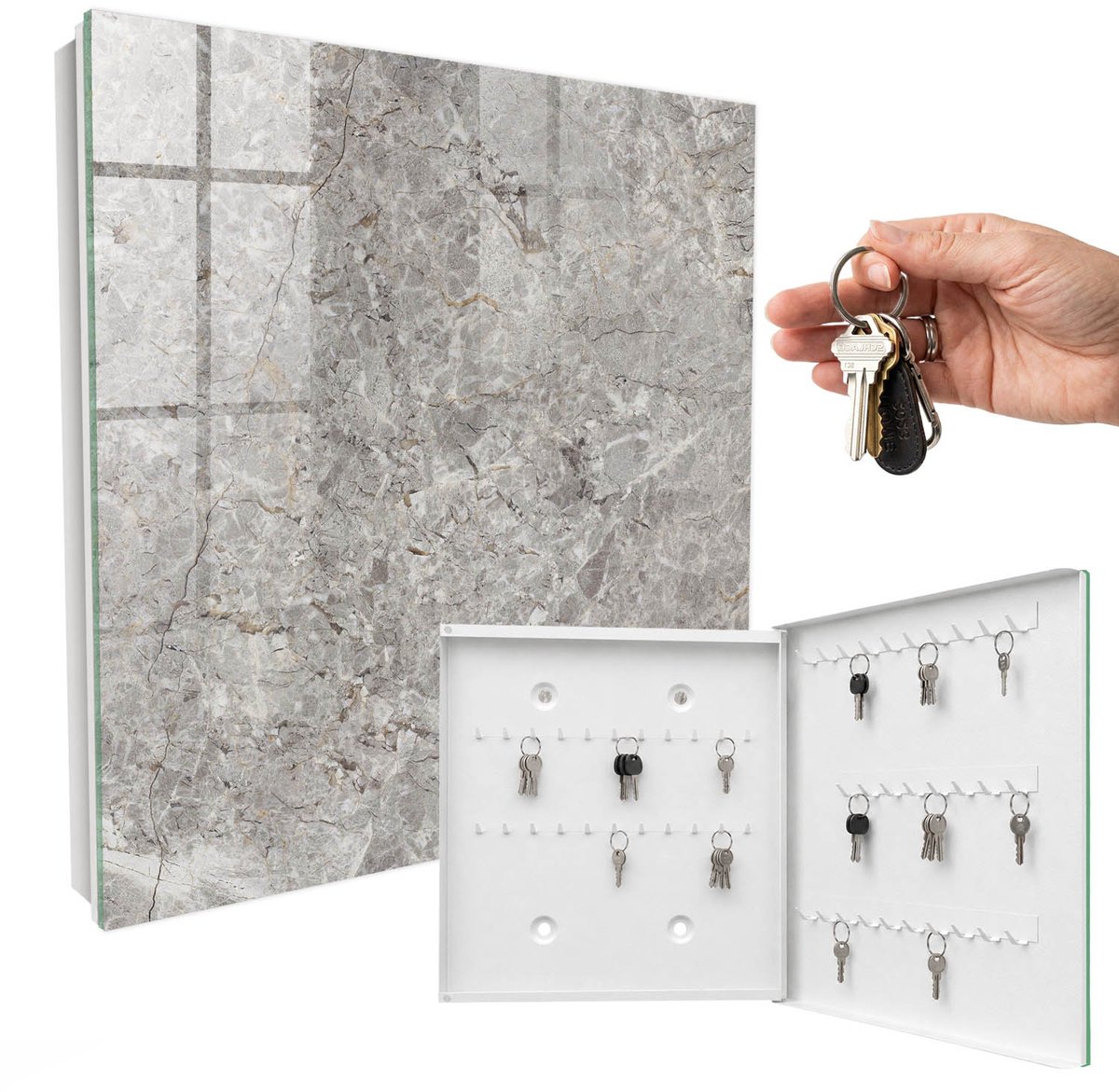 WallMuralia - Sleutelkast - 30x30x5 cm - met 50 haken - Marmeren Achtergrond Sleutelkastje Industrieel - Grijs Sleutelbox - Rechtsopenend - Wit interieur