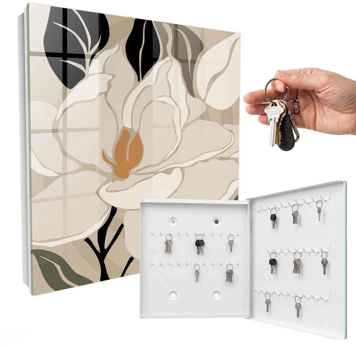 WallMuralia - Sleutelkast - 30x30x5 cm - met 50 haken - Plantaardige Elegantie Sleutelkastje Binnen - Beige Sleutelbox - Rechtsopenend - Wit interieur