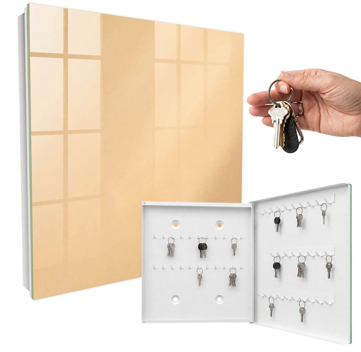 WallMuralia - Sleutelkast - 30x30x5 cm - met 50 haken - Beige Troost Leuk Sleutelkastje - Beige Sleutelbox - Rechtsopenend - Wit interieur