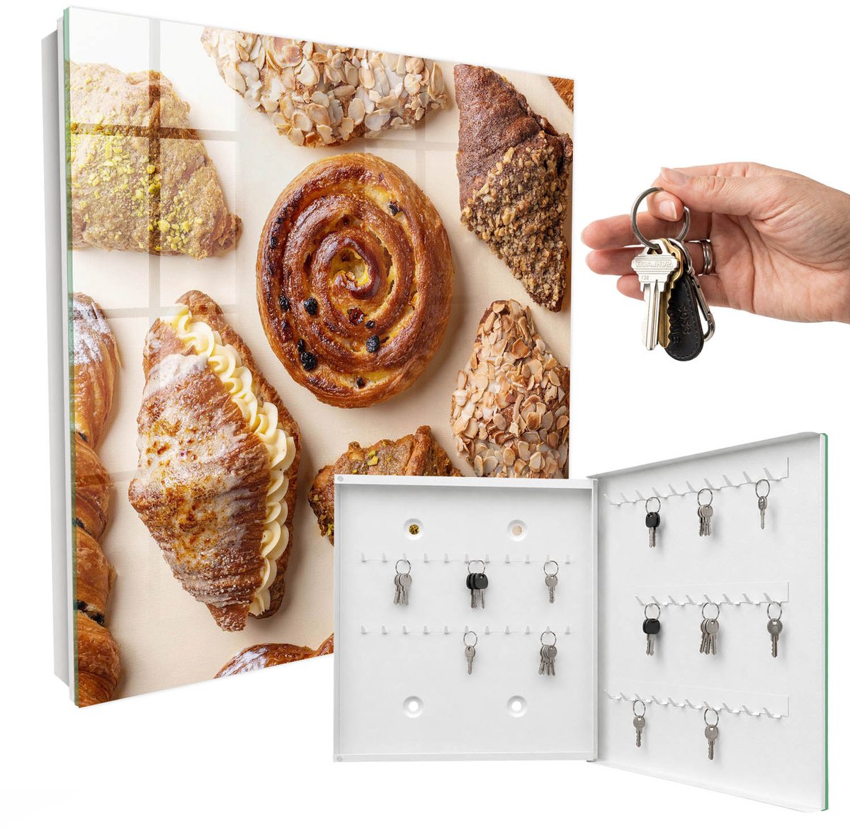 WallMuralia - Sleutelkast - 30x30x5 cm - met 50 haken - Zoete Lekkernijen Sleutelkastje - Bruin Sleutelbox - Rechtsopenend - Wit interieur