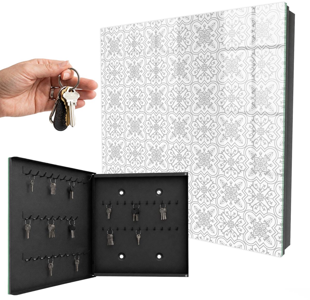 WallMuralia - Sleutelkast - 30x30x5 cm - met 50 haken - Geometrisch Patroon Leuk Sleutelkastje - Wit Sleutelbox - Linksopenend - Zwart interieur