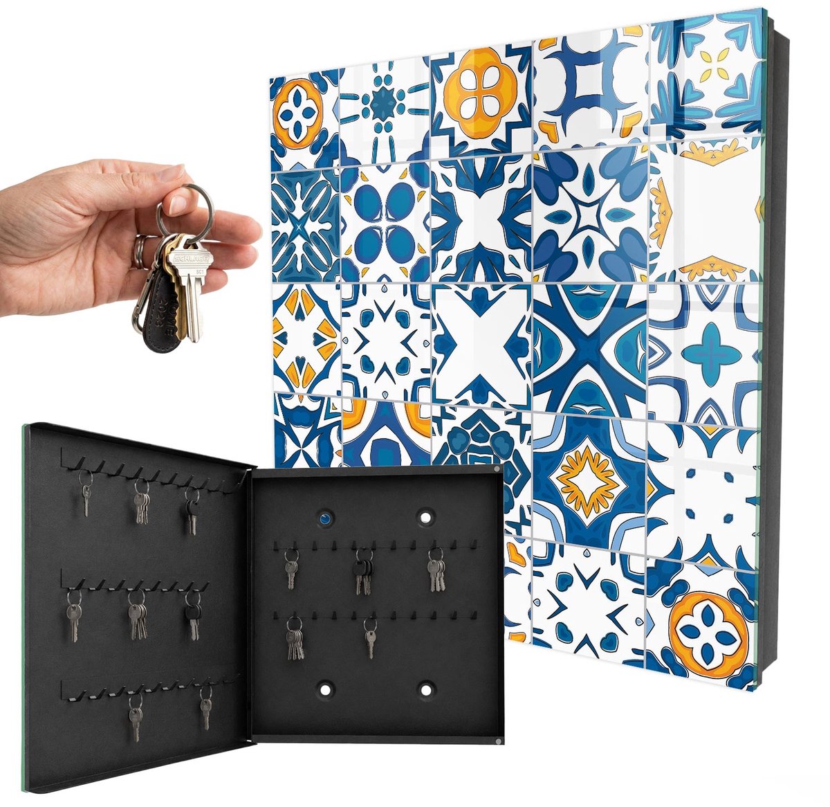 WallMuralia - Sleutelkast - 30x30x5 cm - met 50 haken - Geometrische Patronen Design Sleutelkastje - Blauw Sleutelbox - Linksopenend - Zwart interieur