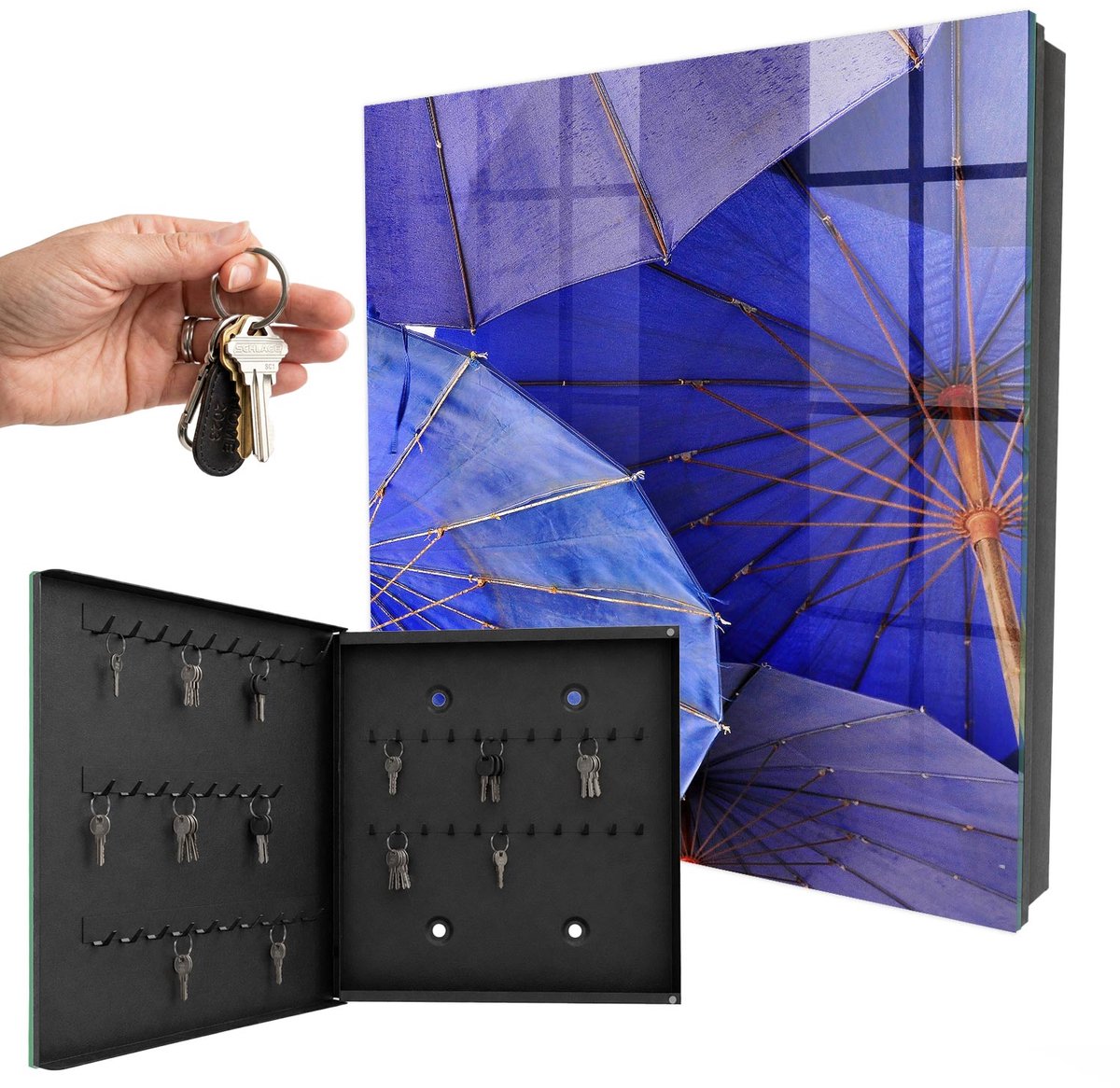 WallMuralia - Sleutelkast - 30x30x5 cm - met 50 haken - Blauwe Paraplu'S Sleutelkastje - Blauw Sleutelbox - Linksopenend - Zwart interieur