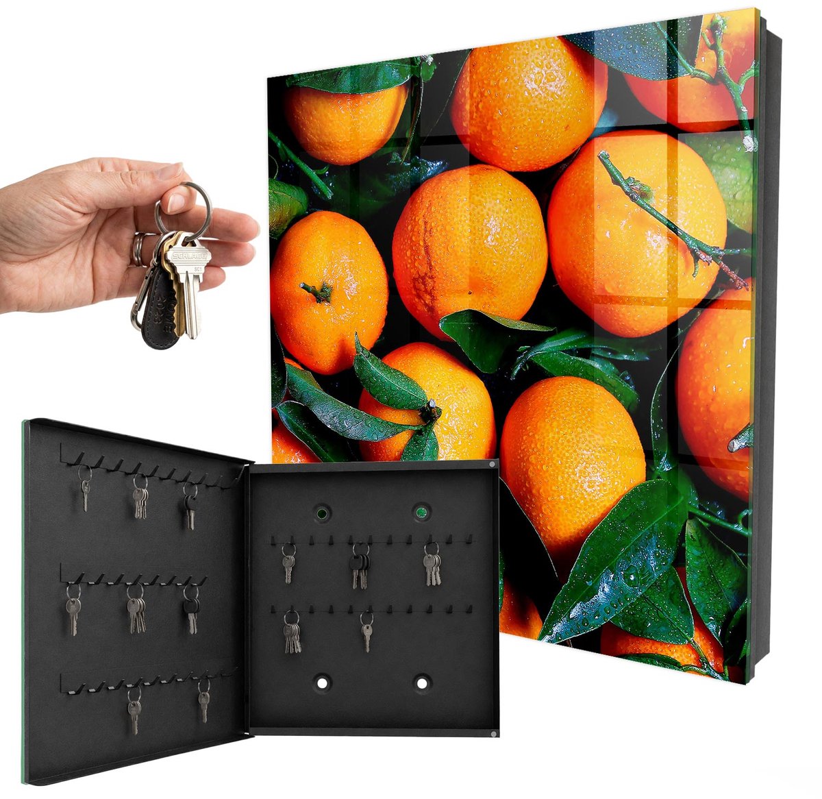 WallMuralia - Sleutelkast - 30x30x5 cm - met 50 haken - Vers Fruit Sleutelkastje Design - Oranje Sleutelbox - Linksopenend - Zwart interieur