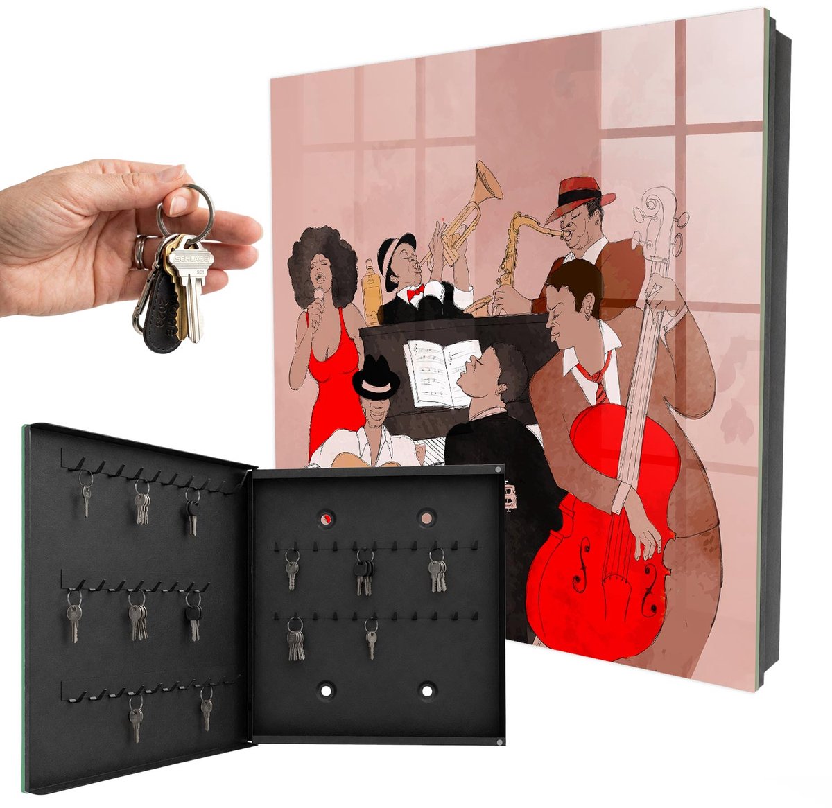 WallMuralia - Sleutelkast - 30x30x5 cm - met 50 haken - Jazzscene Sleutelkastje Voor Binnen - Rood Sleutelbox - Linksopenend - Zwart interieur